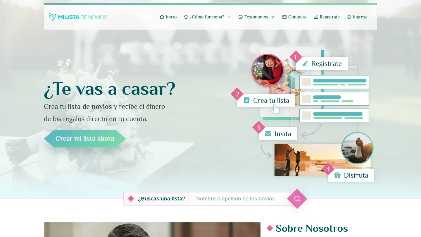 Mi Lista de Novios: Hero público con la propuesta del servicio y acceso al registro, escritorio.