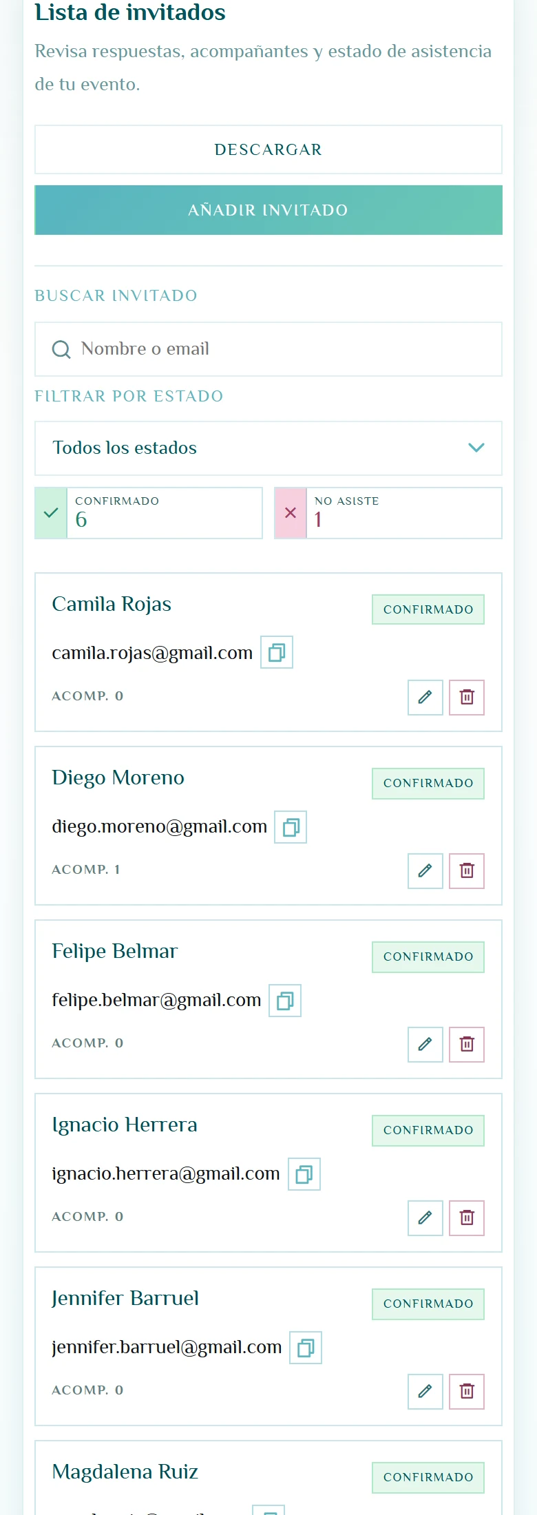 Dos caras de una misma confirmación: Confirmar invitados, vista móvil, fragmento 3.