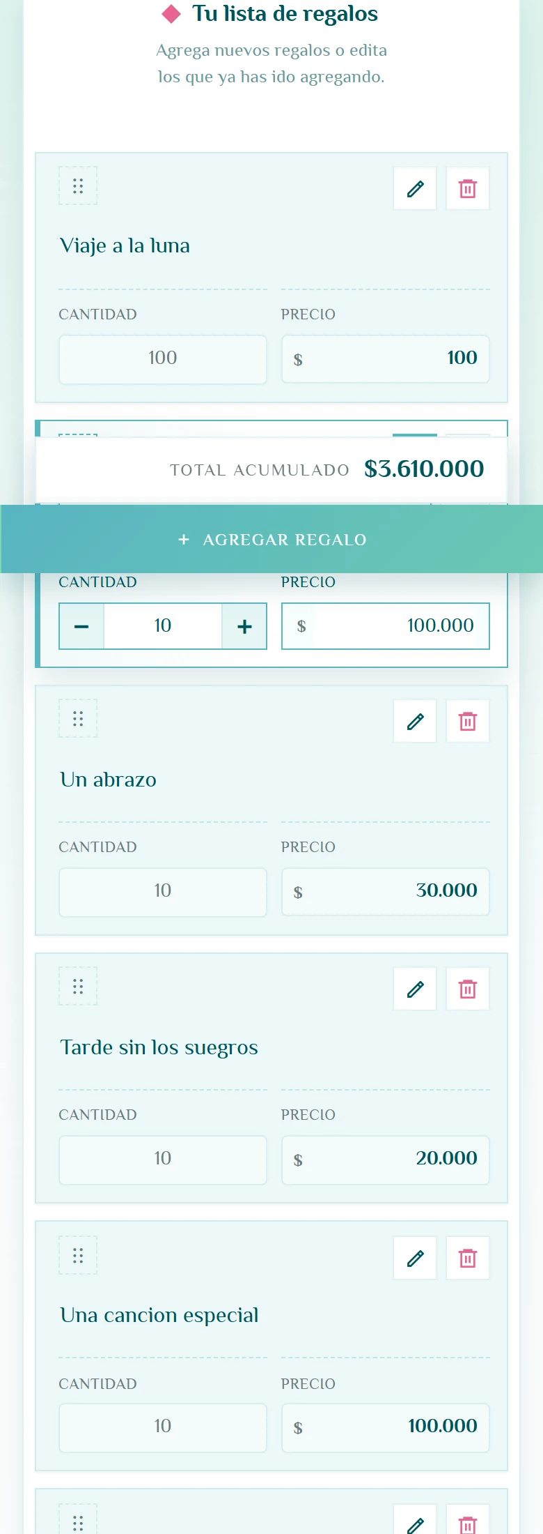 Crear regalos sin perder el control de la lista: Crea tu lista, vista móvil, fragmento 2.