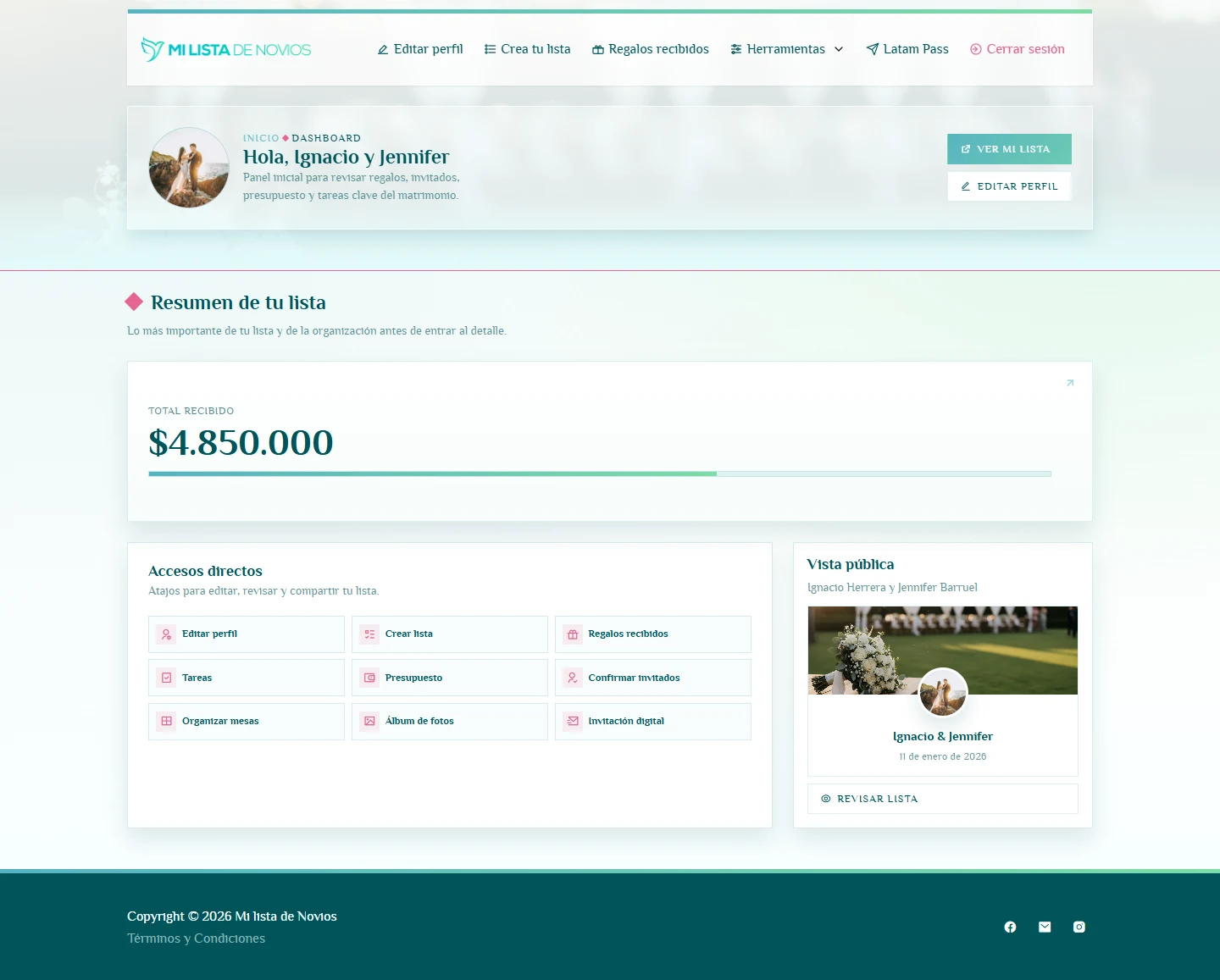 El punto de partida para gestionar el matrimonio: Dashboard, escritorio, fragmento 1.