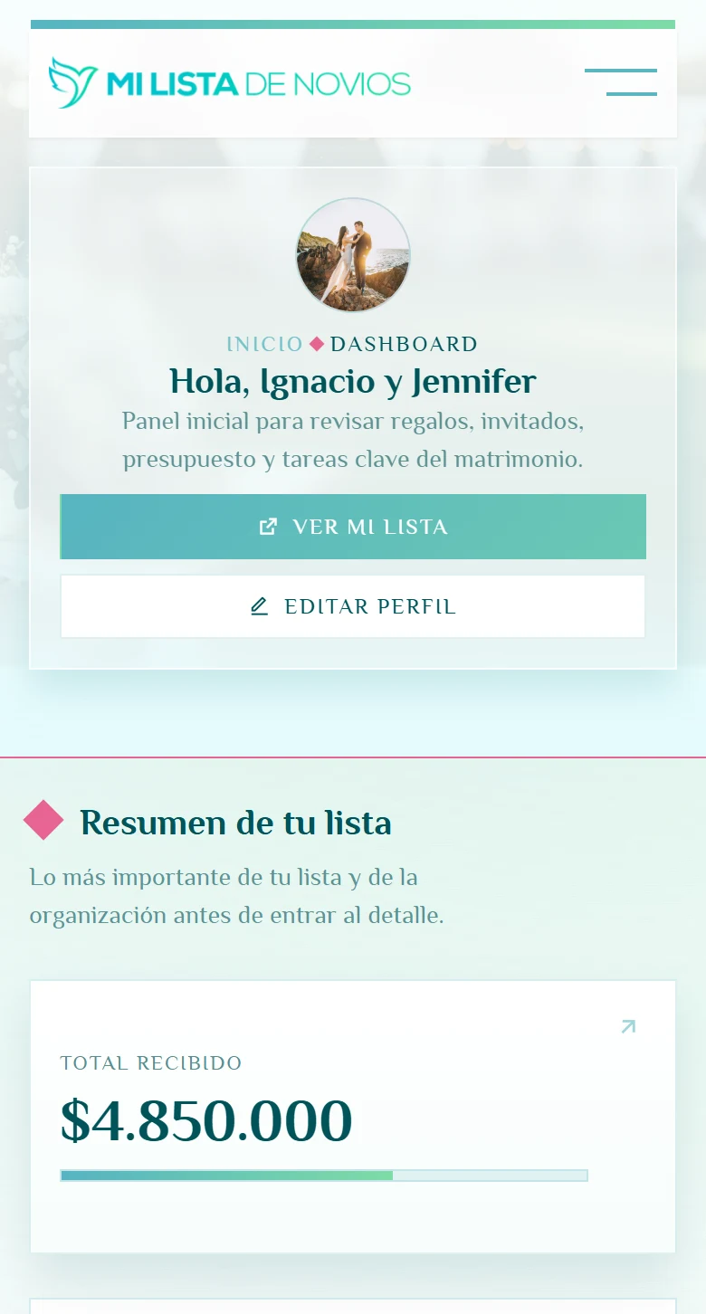 El punto de partida para gestionar el matrimonio: Dashboard, vista móvil, fragmento 1.