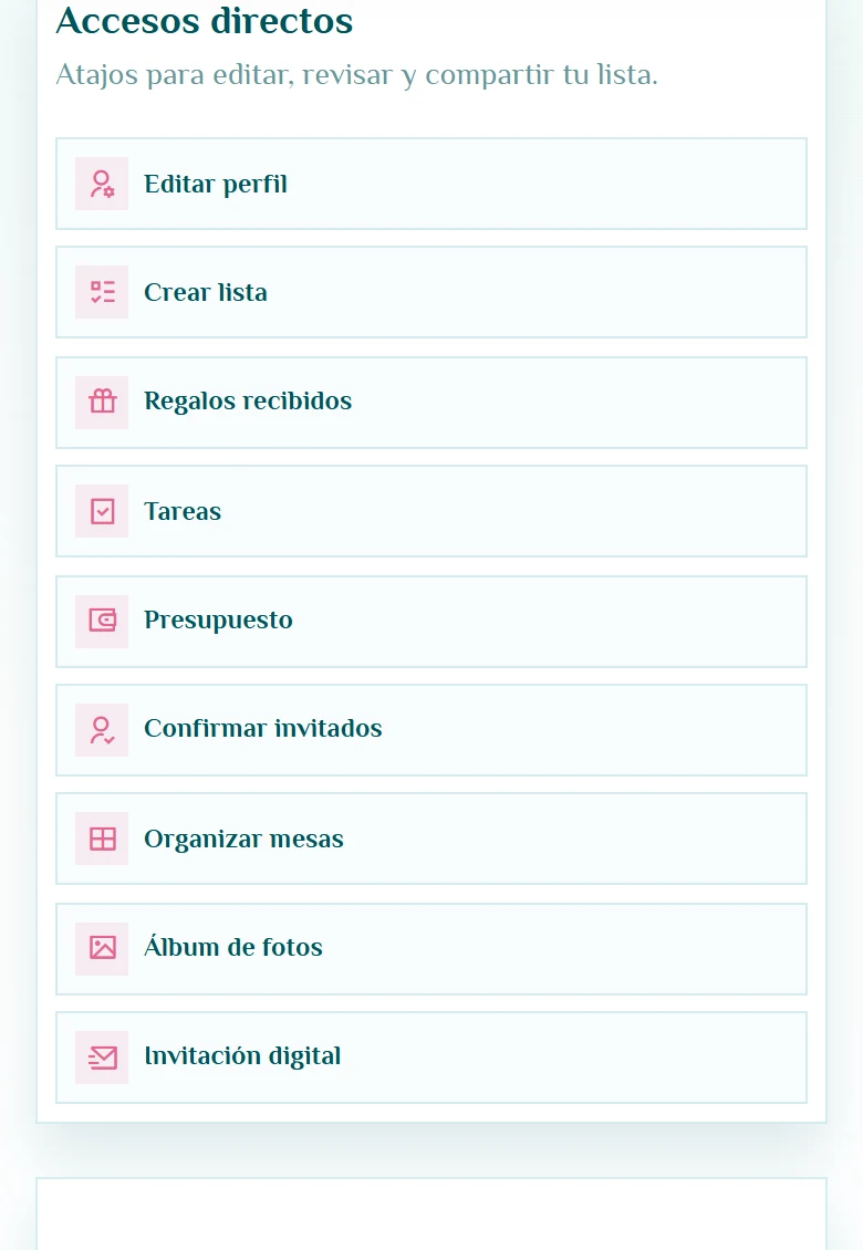 El punto de partida para gestionar el matrimonio: Dashboard, vista móvil, fragmento 2.