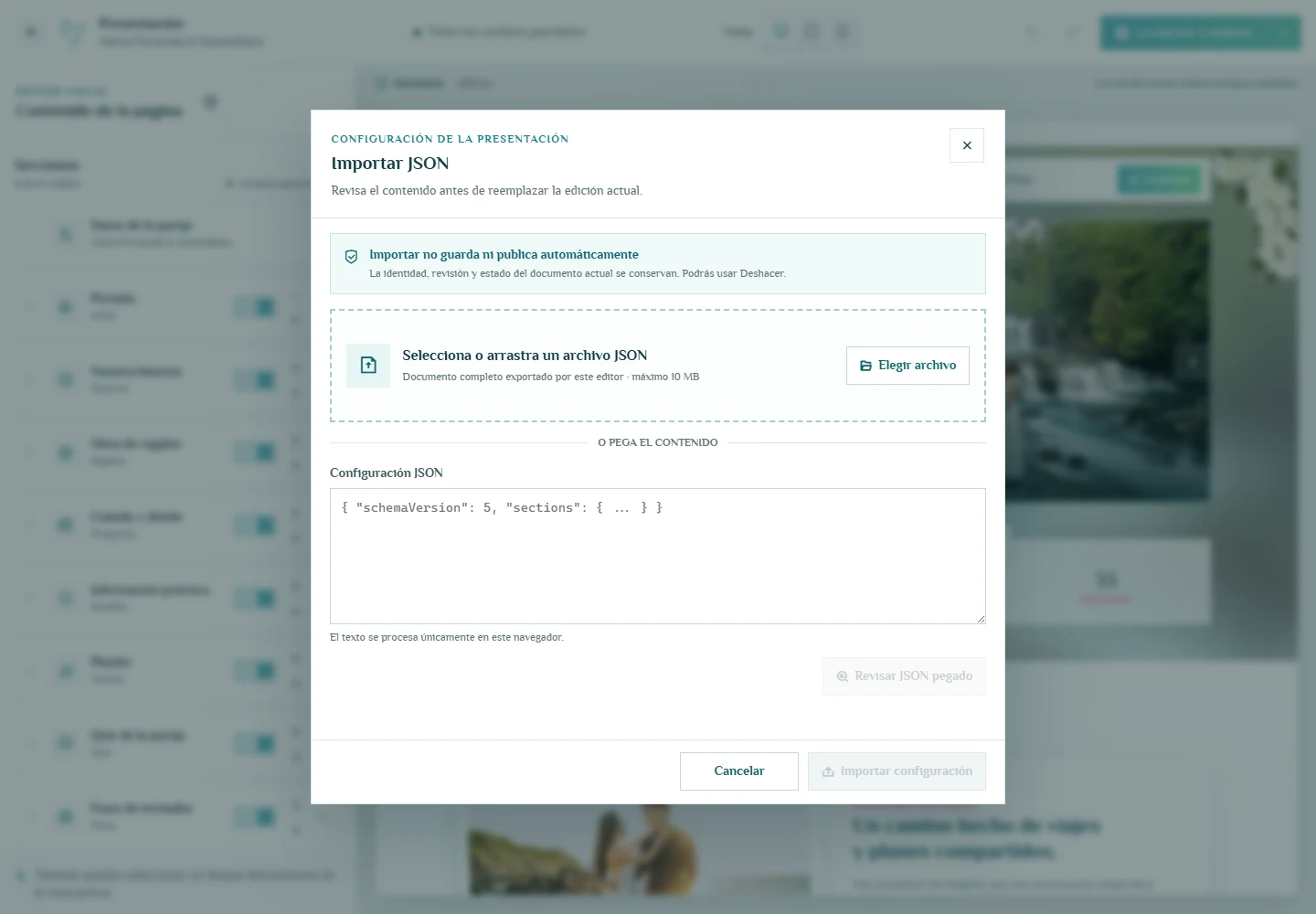 Importar, revisar y recuperar el trabajo: Importación de configuración con revisión previa, escritorio, fragmento 1.