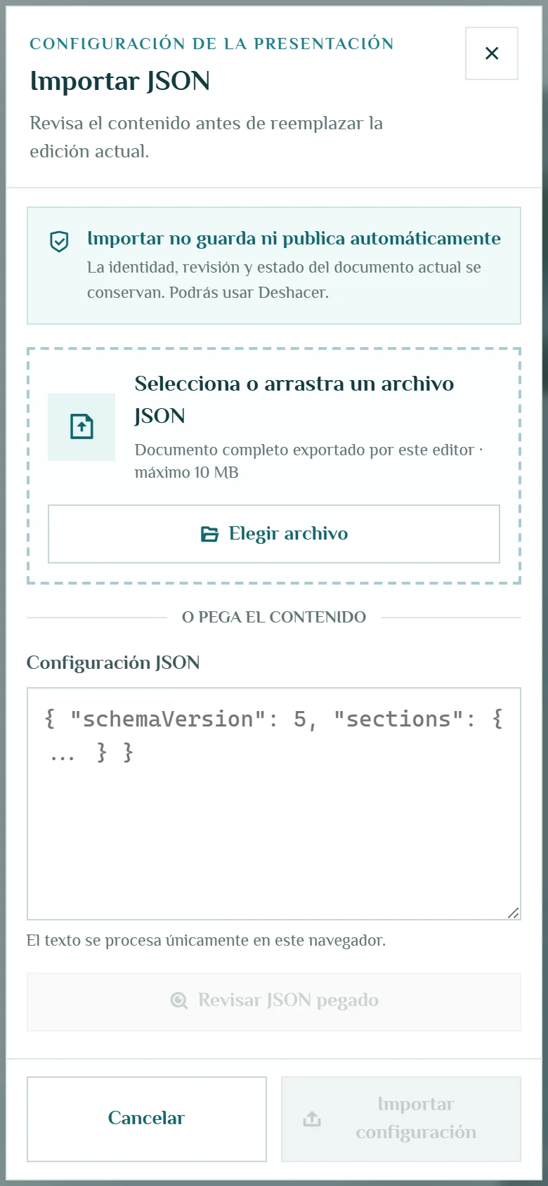 Importar, revisar y recuperar el trabajo: Importación de configuración con revisión previa, vista móvil, fragmento 1.