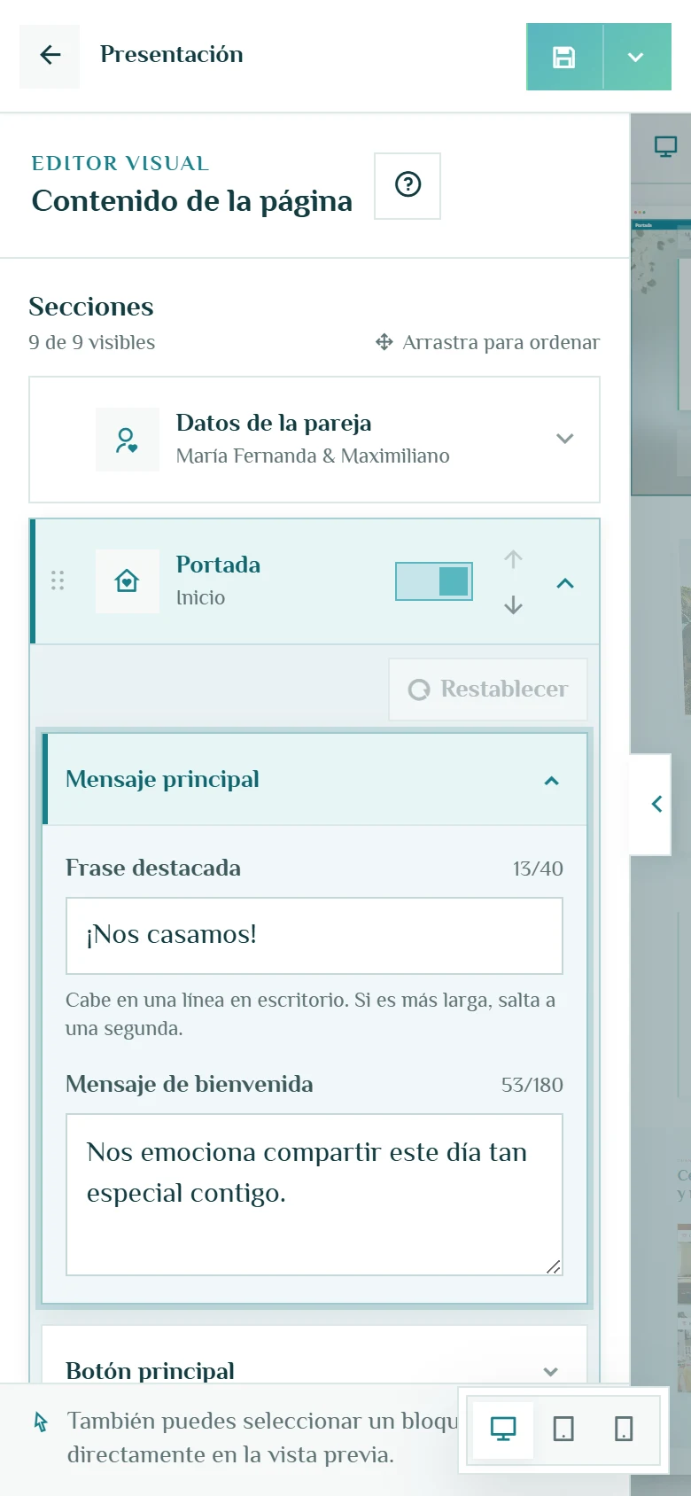 Editar contenido viendo el resultado: Edición de portada con campos en contexto, vista móvil, fragmento 2.