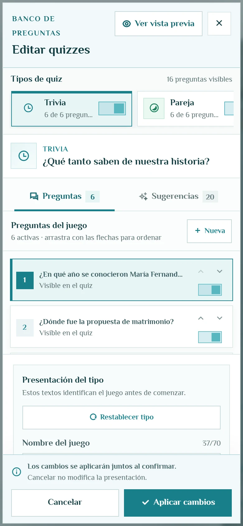 Editar contenido viendo el resultado: Administrador de quizzes y preguntas, vista móvil, fragmento 3.