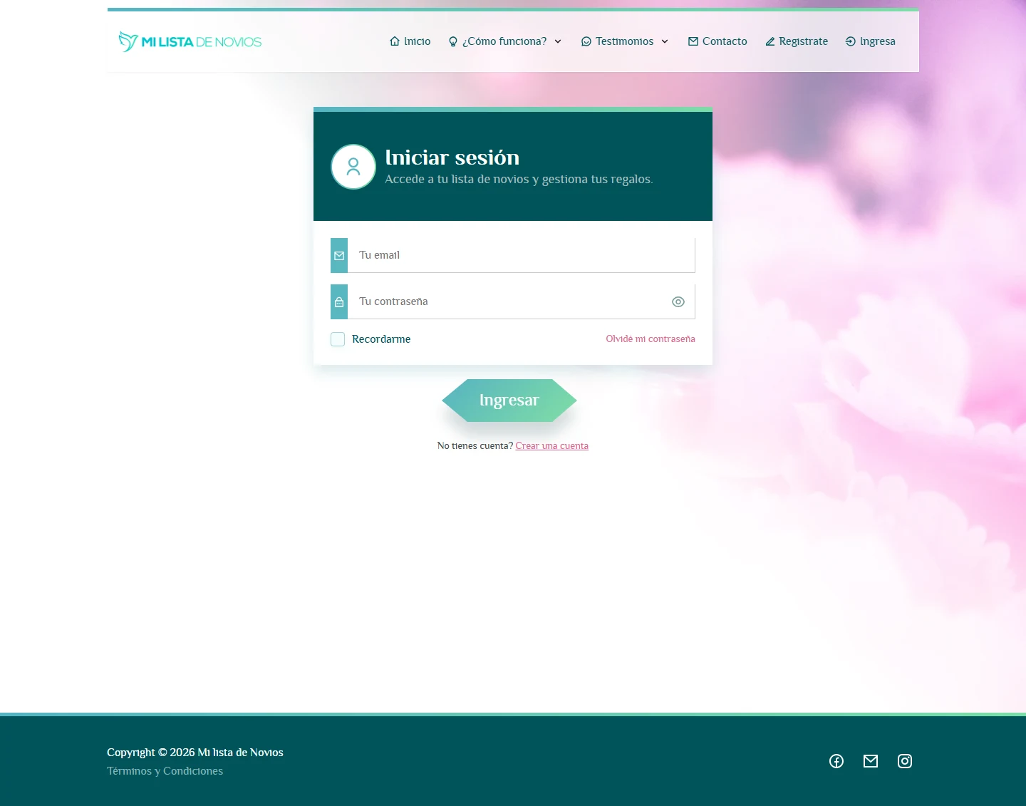 Entrar, registrarse y recuperar el acceso: Mi Lista de Novios, escritorio, fragmento 2.