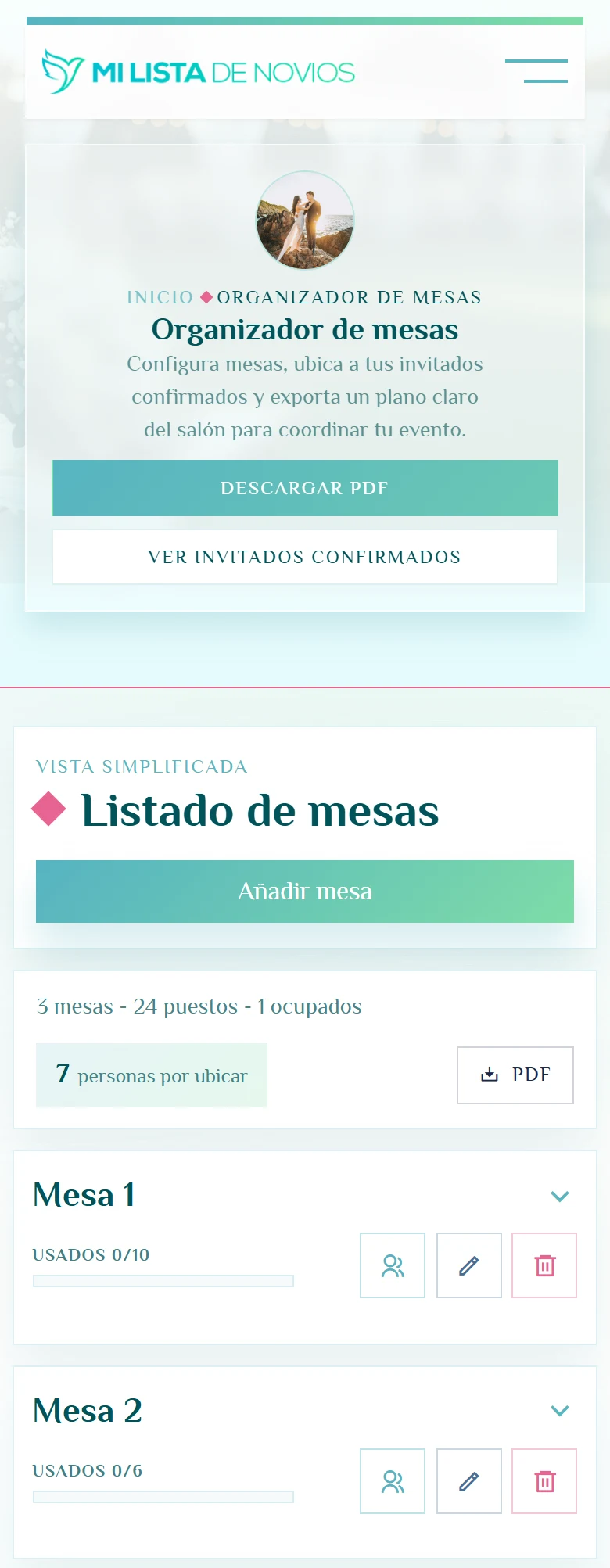 Pasar de una lista de invitados a un plano: Organizador de mesas, vista móvil, fragmento 1.