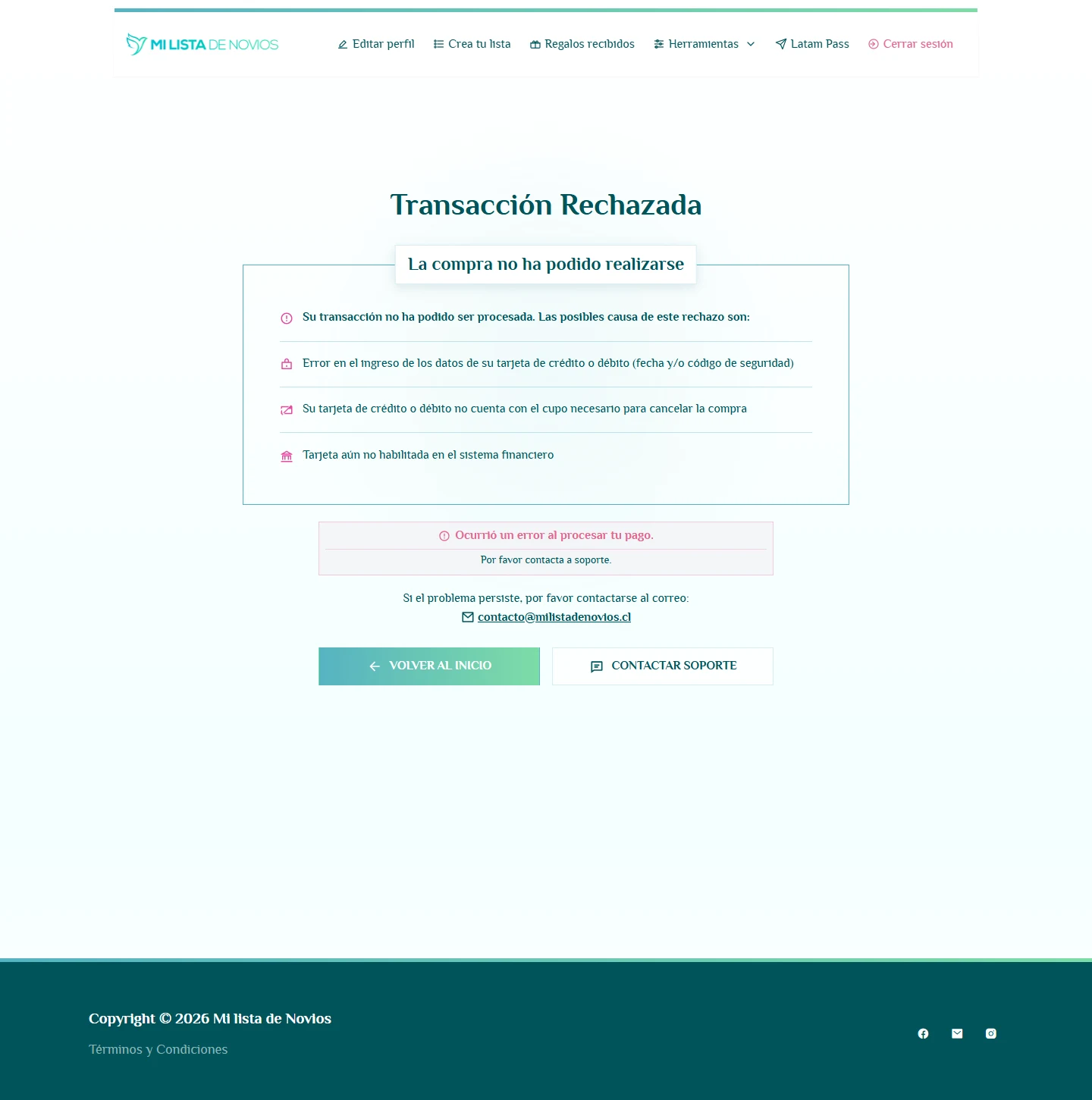 La compra también necesita una salida cuando falla: Transacci&oacute;n rechazada, escritorio, fragmento 1.