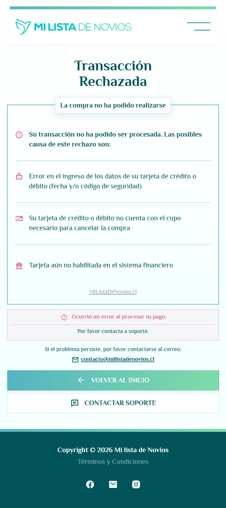 La compra también necesita una salida cuando falla: Transacci&oacute;n rechazada, vista móvil, fragmento 1.