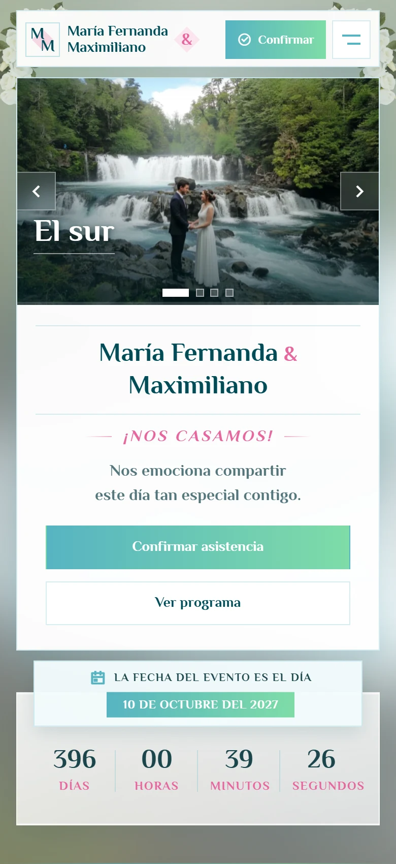 Una presentación con historia, programa y participación: María Fernanda y Maximiliano, vista móvil, fragmento 1.