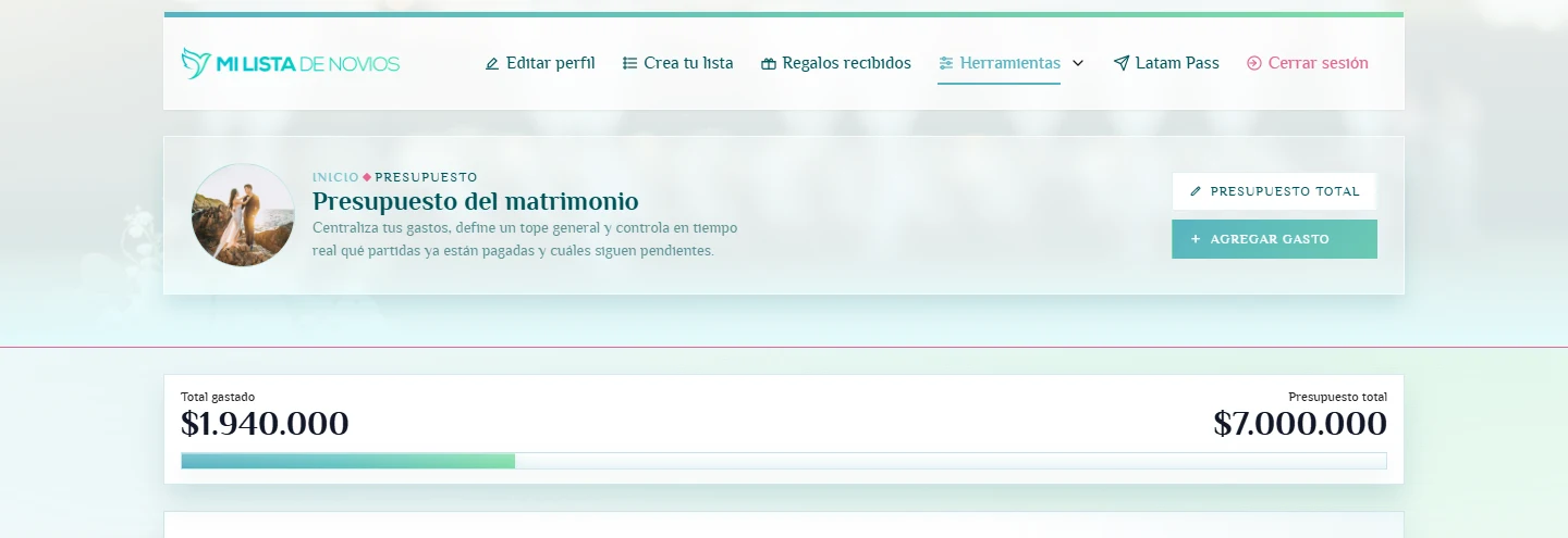 Planificar con categorías y estados visibles: Presupuesto del matrimonio, escritorio, fragmento 1.