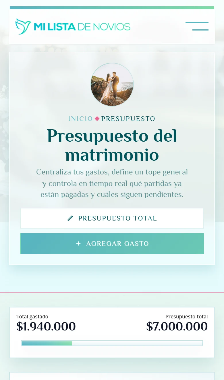 Planificar con categorías y estados visibles: Presupuesto del matrimonio, vista móvil, fragmento 1.