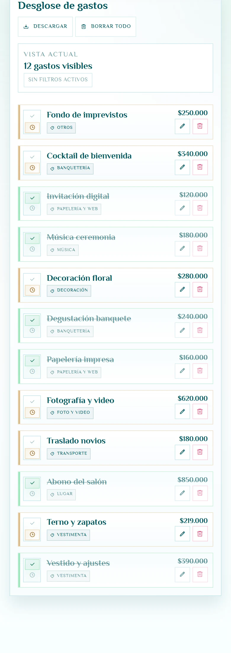 Planificar con categorías y estados visibles: Presupuesto del matrimonio, vista móvil, fragmento 2.