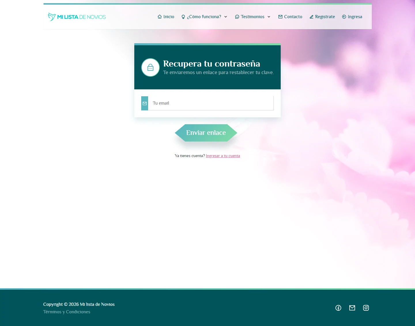 Entrar, registrarse y recuperar el acceso: Mi Lista de Novios, escritorio, fragmento 3.