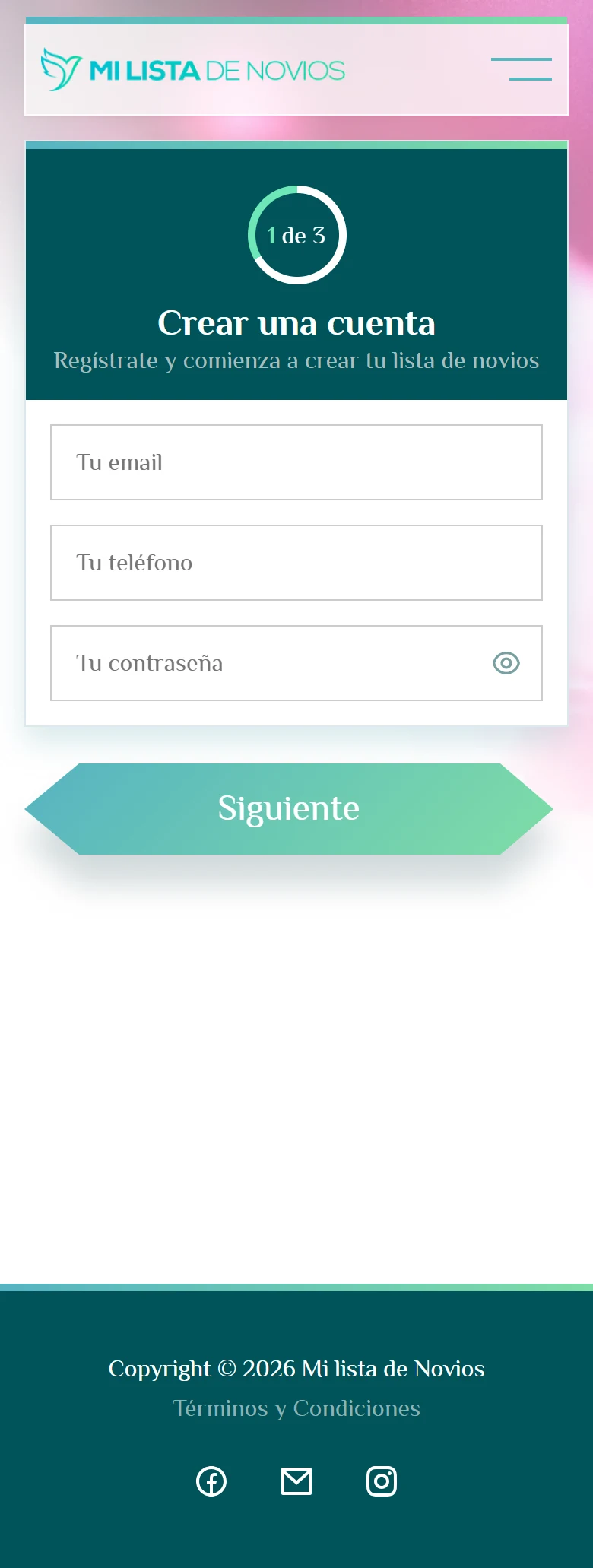 Entrar, registrarse y recuperar el acceso: Registro, vista móvil, fragmento 1.