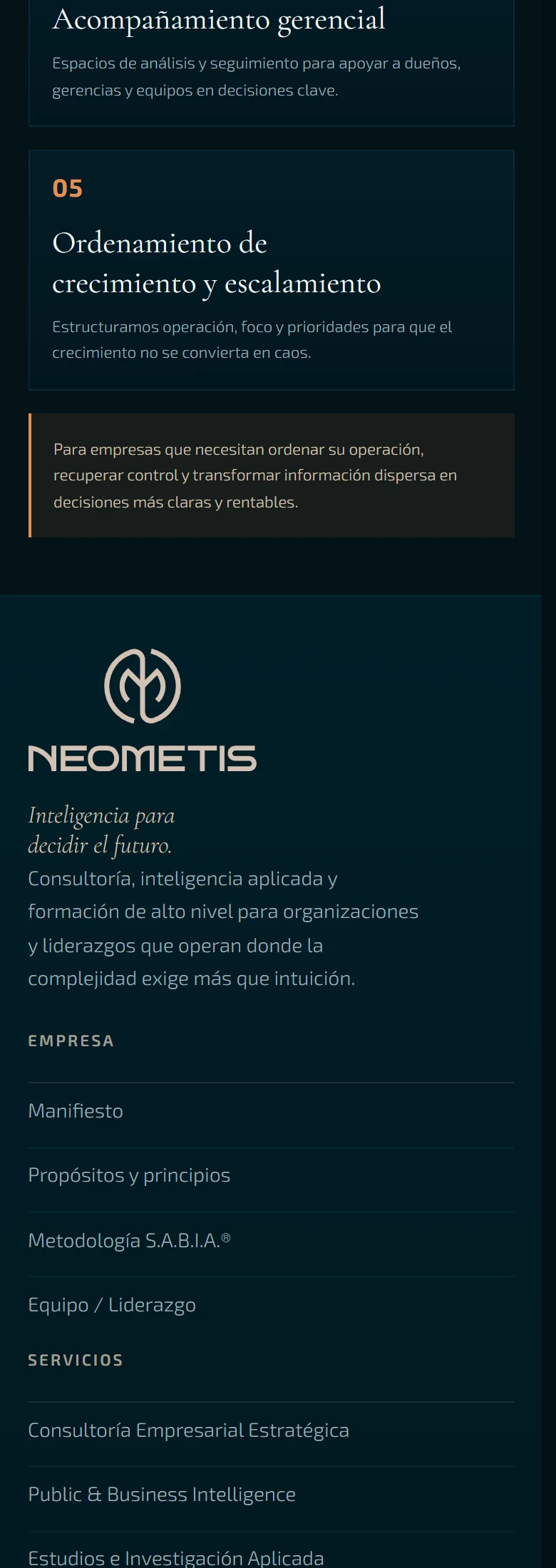 Neometis: Consultoría empresarial — página completa, vista móvil, fragmento 3.