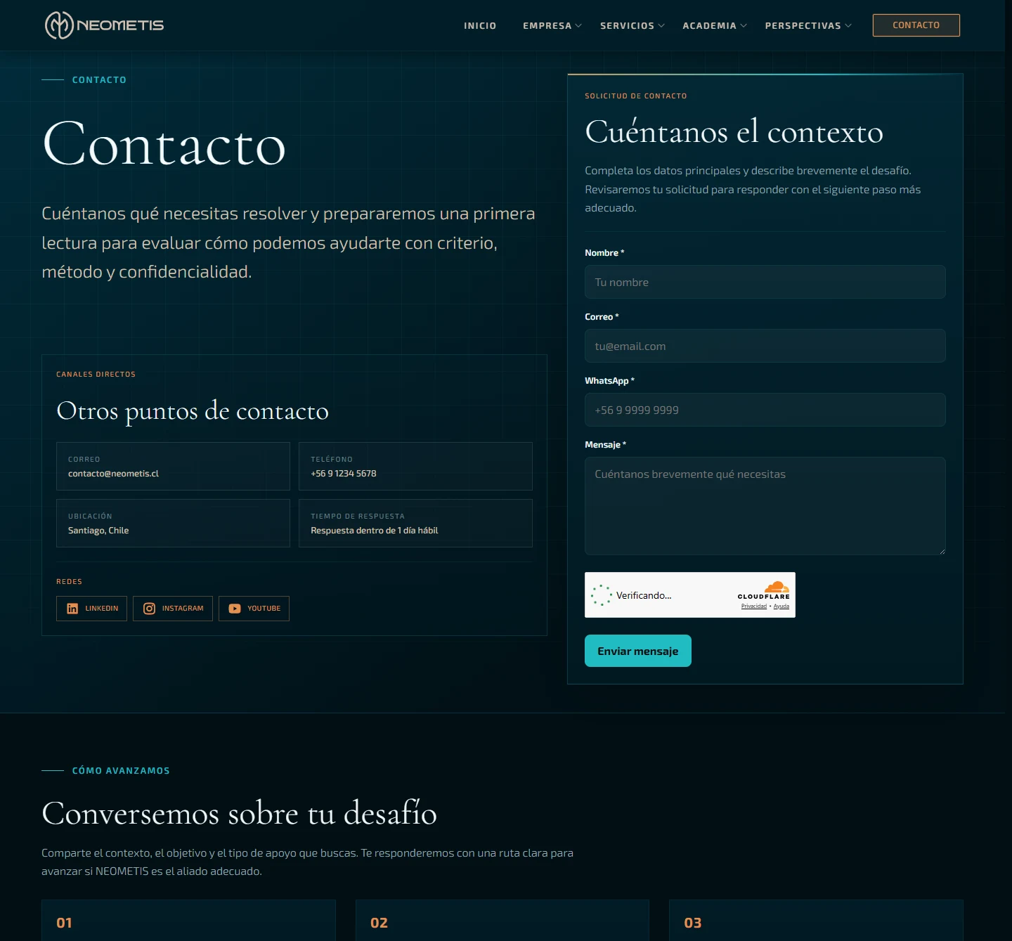 Neometis: Contacto — página completa, vista de escritorio, fragmento 1.