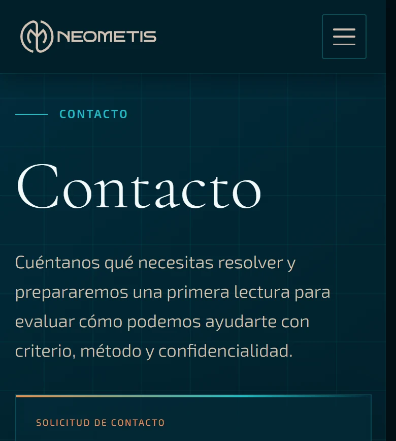 Neometis: Contacto — página completa, vista móvil, fragmento 1.