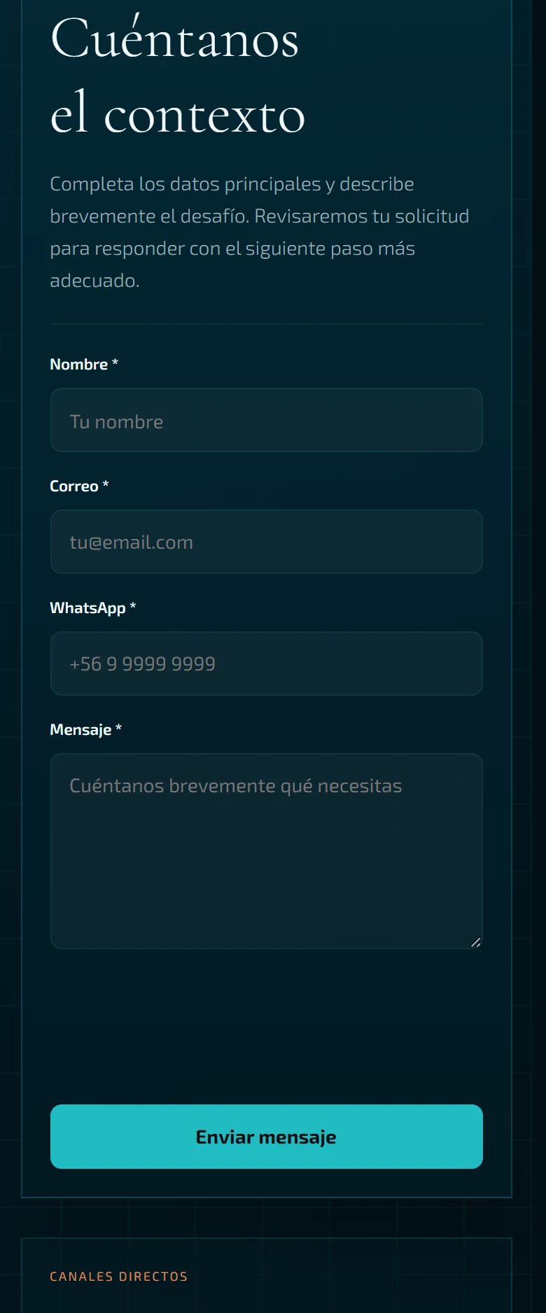 Neometis: Contacto — página completa, vista móvil, fragmento 2.