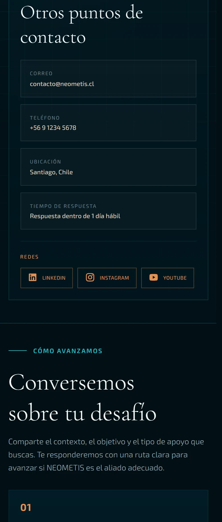 Neometis: Contacto — página completa, vista móvil, fragmento 3.