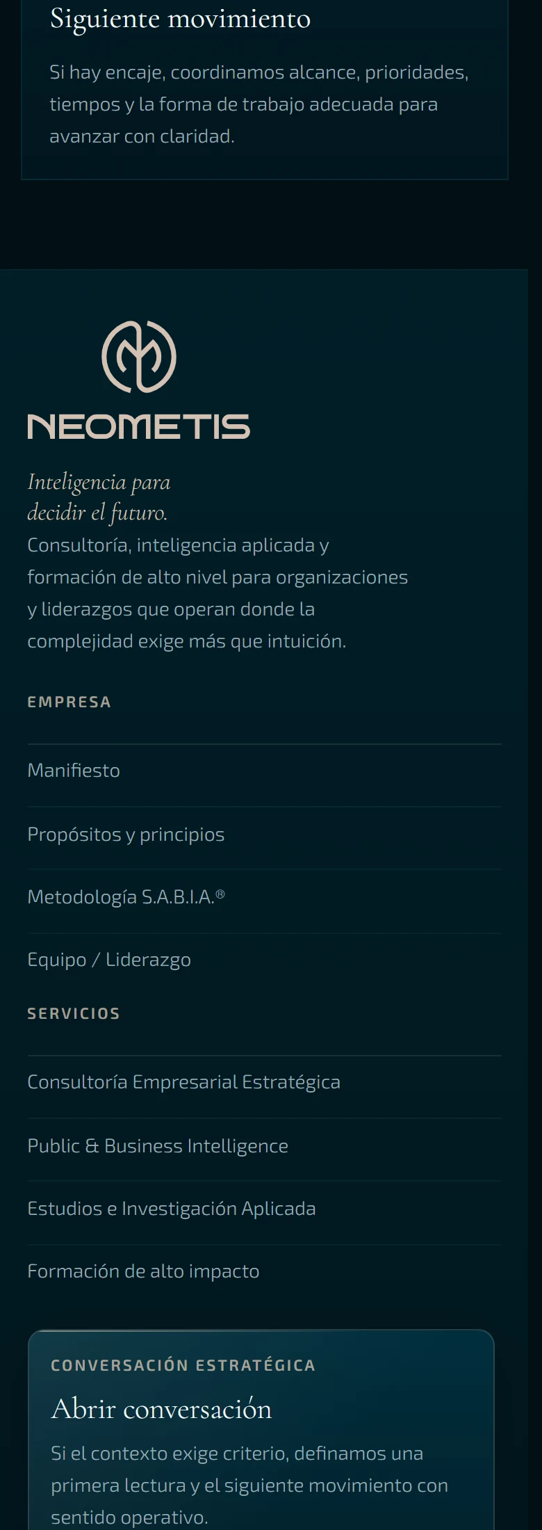 Neometis: Contacto — página completa, vista móvil, fragmento 5.