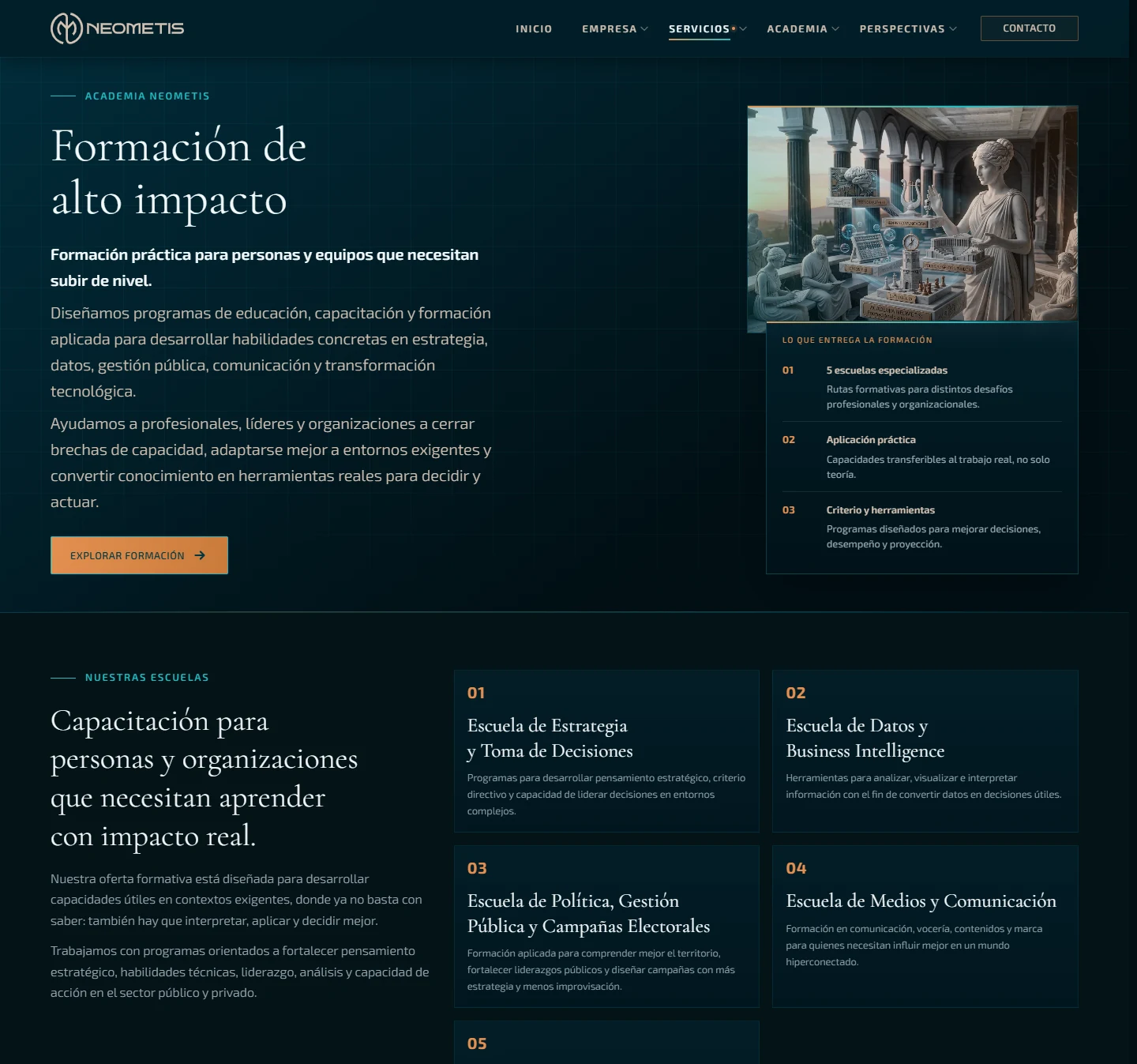 Neometis: Formación — página completa, vista de escritorio, fragmento 1.