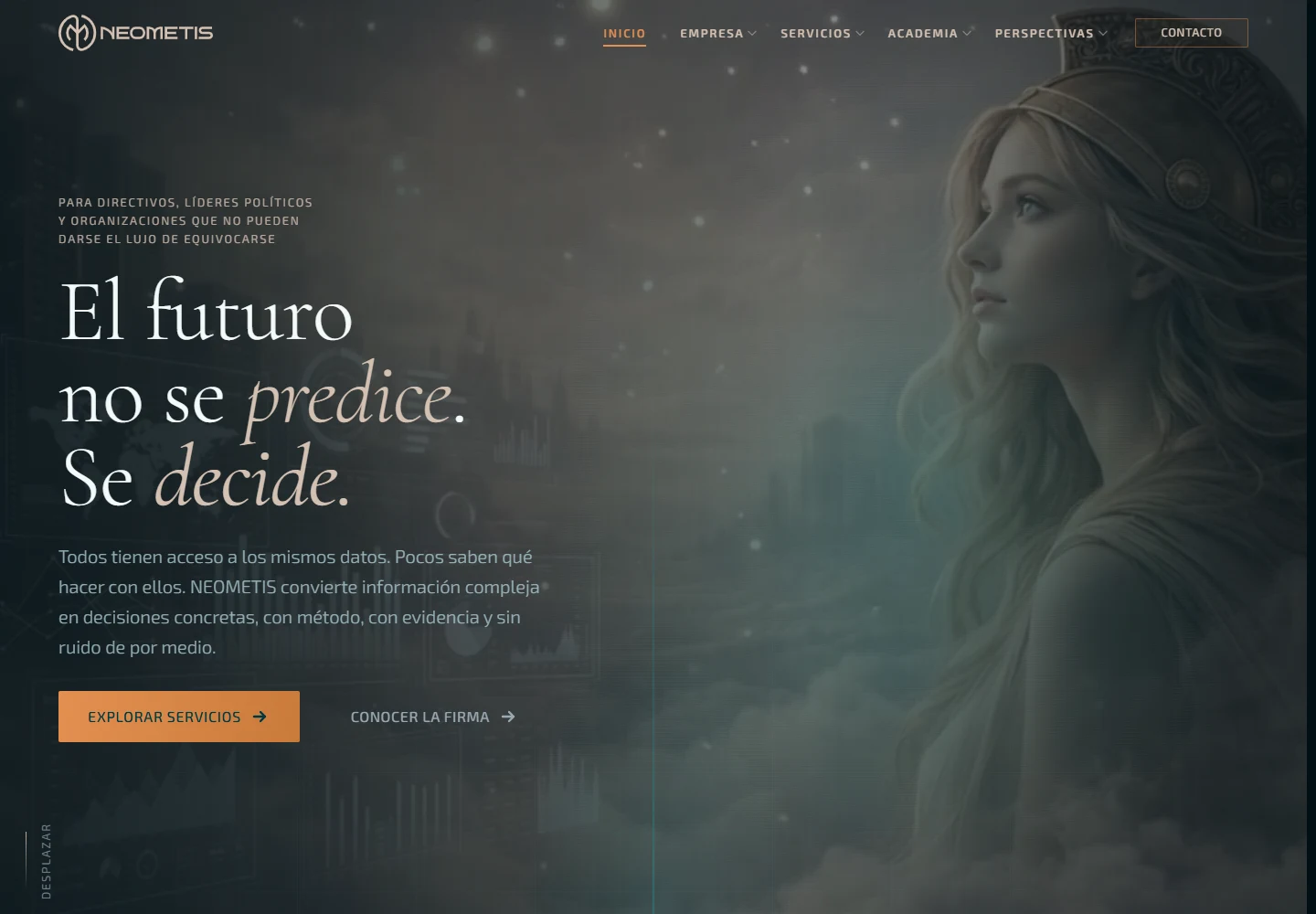 Portada real de Neometis: identidad visual, propuesta de inteligencia estratégica y accesos a servicios y empresa.