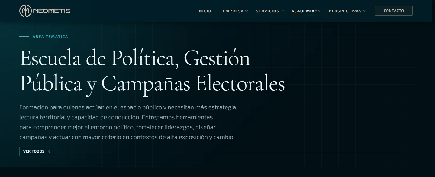 Neometis: Escuela de política — página completa, vista de escritorio, fragmento 1.