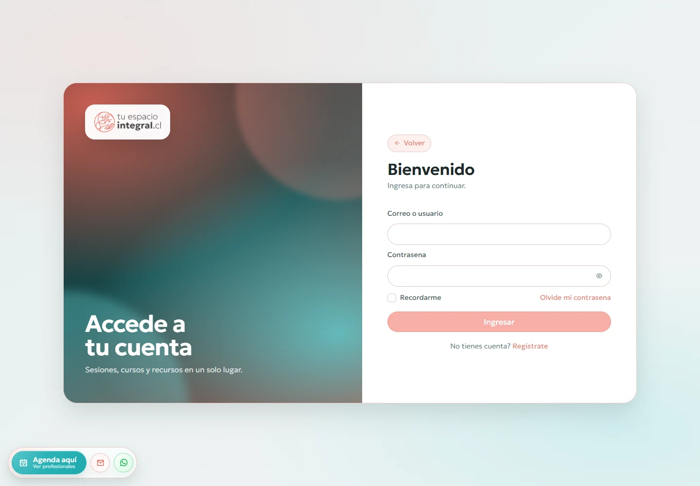 Tu Espacio Integral: Acceso completo: formulario vacío, vista de escritorio, fragmento 1.