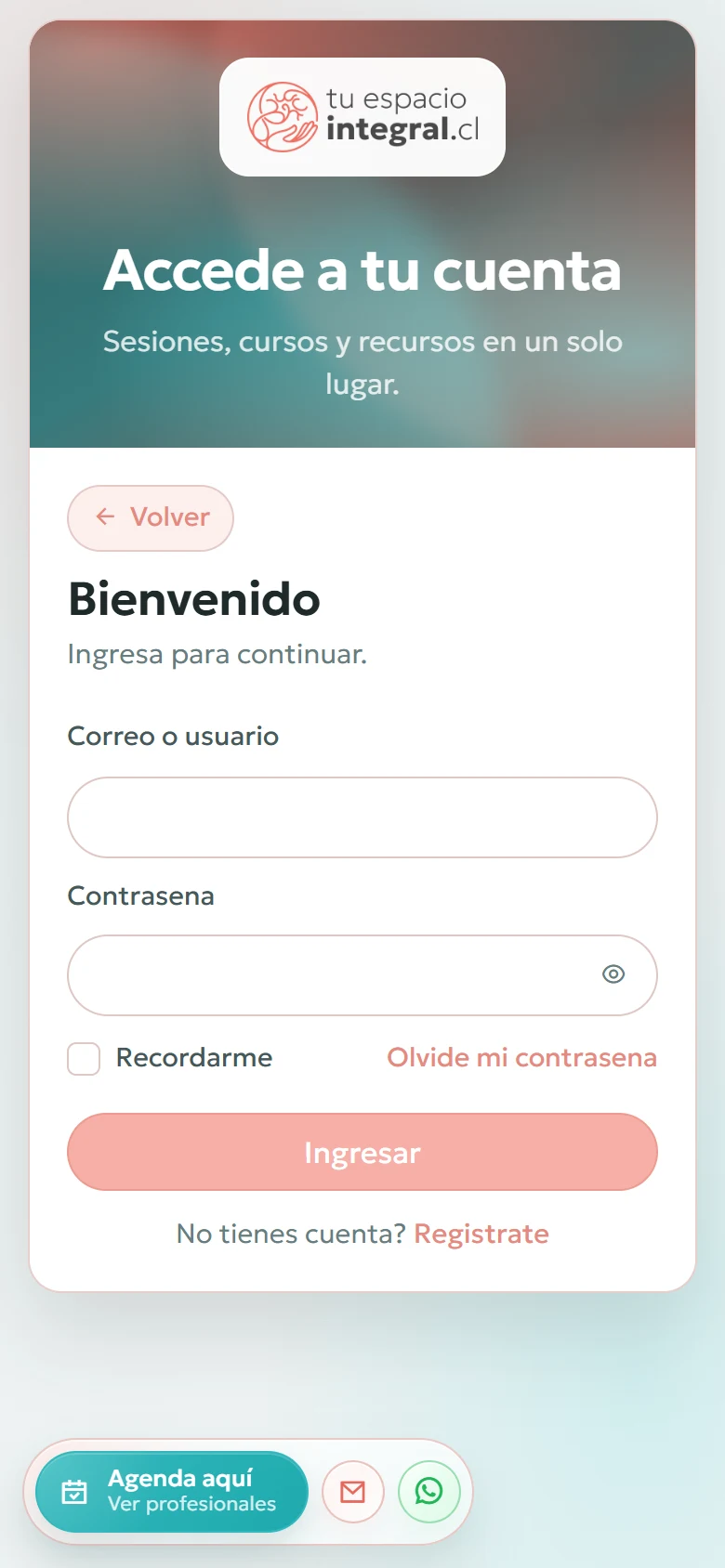 Tu Espacio Integral: Acceso completo: formulario vacío, vista móvil, fragmento 1.