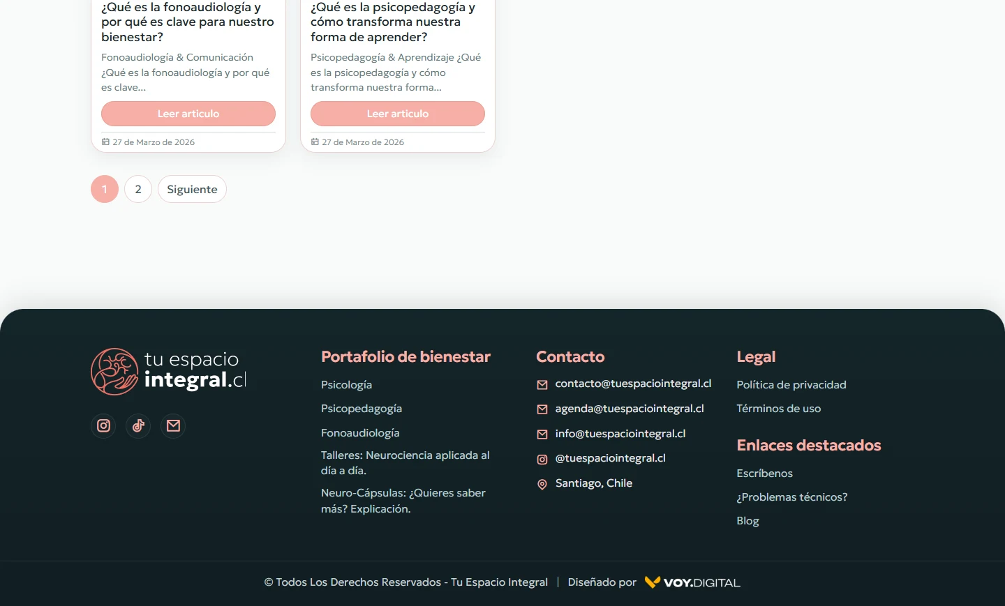 Tu Espacio Integral: Blog completo: primera página, vista de escritorio, fragmento 2.