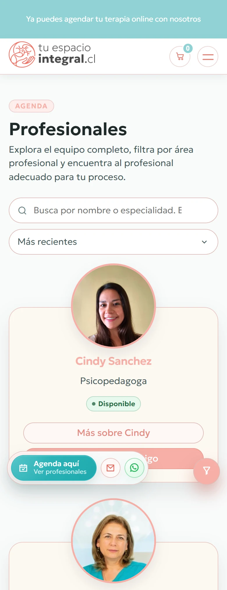 Tu Espacio Integral: Directorio de profesionales completo, vista móvil, fragmento 1.