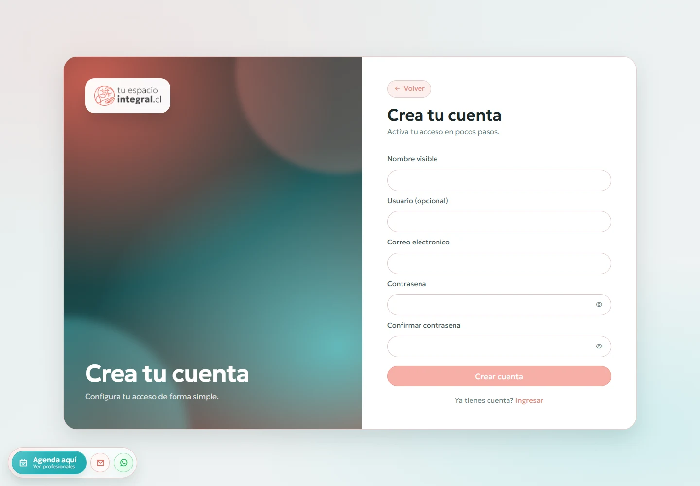 Tu Espacio Integral: Registro completo: formulario vacío, vista de escritorio, fragmento 1.