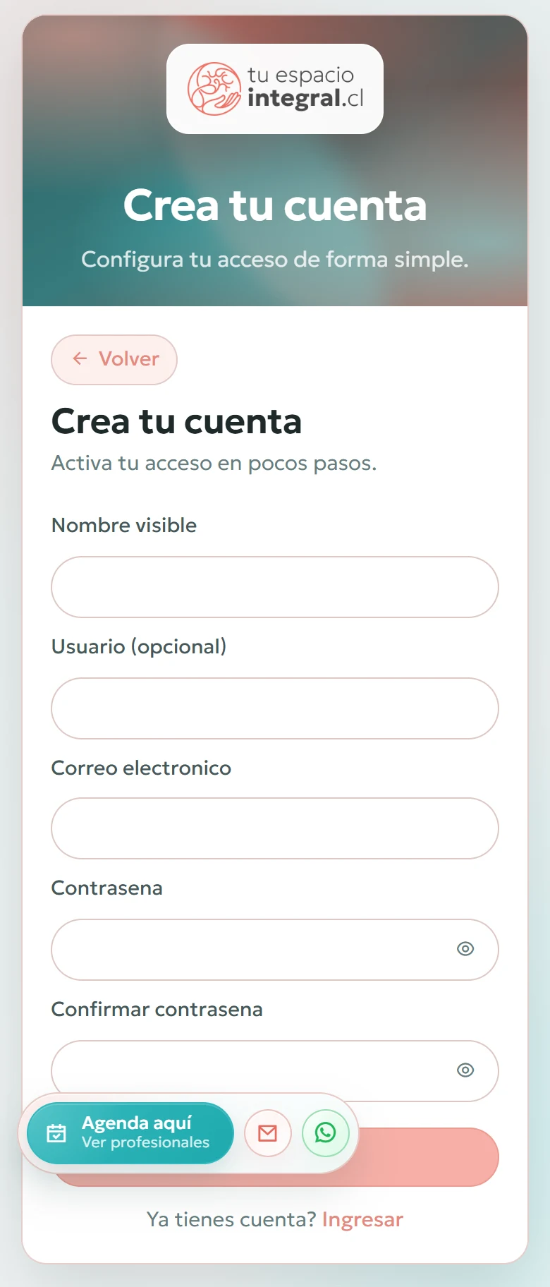 Tu Espacio Integral: Registro completo: formulario vacío, vista móvil, fragmento 1.