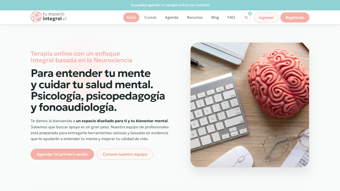 Inicio de Tu Espacio Integral: identidad, propuesta y acceso al equipo y a la agenda, vista de escritorio.